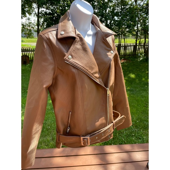 Old Navy Womens Faux Leather Tan Moto Jacket With Belted Size M - Picture 1 of 1